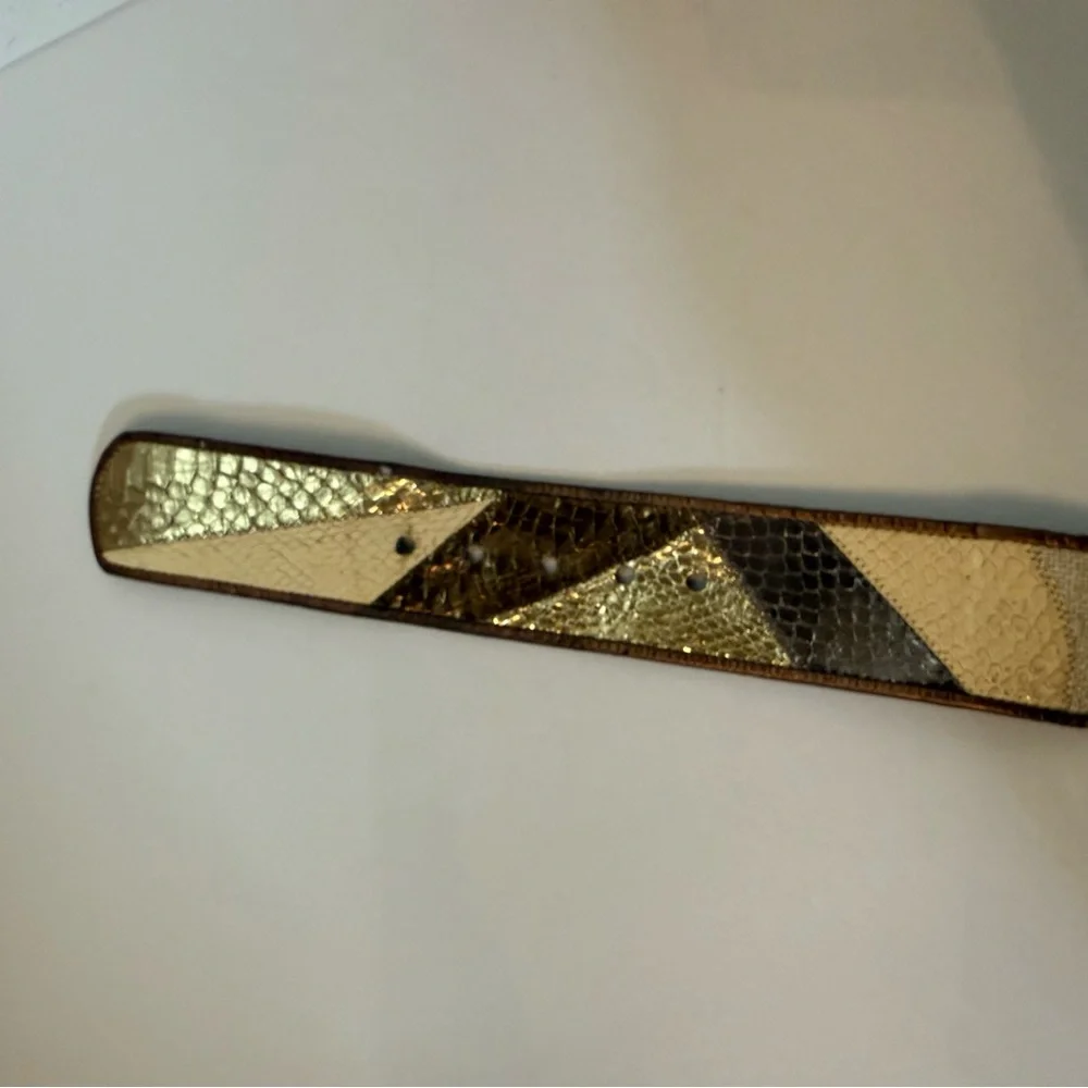 DUSTY BAKER BELT WIDE CREAM FABRIC SNAKESKIN METALLIC BRONZE GOLD SIZE M